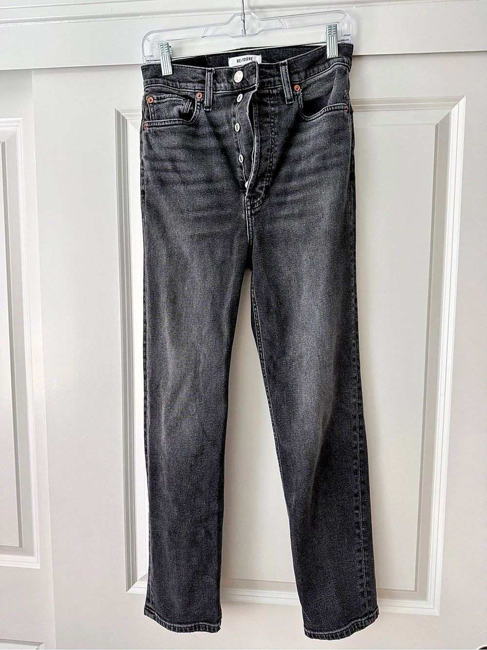 RE/DONE High Rise Ankle Crop Black/Gray Straight Leg Jeans Waist 28 Like New